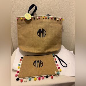 NWT Viv& Lou Chic Tan Tote and Pouch Set with Colorful Pom-Poms